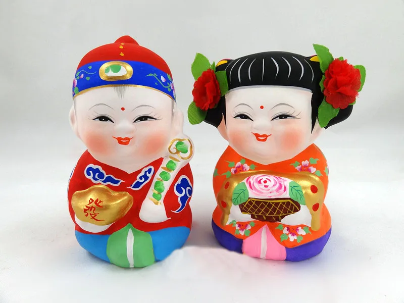 1 Pair Clay Figurines Good Fortune Fu Lucky Opening Cornucopia Featured Art Craft