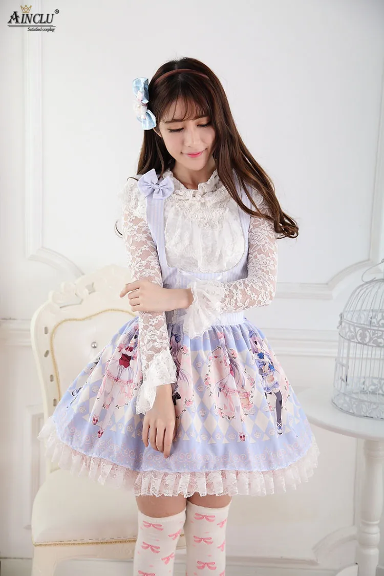 Ainclu Vrouwen Blauw Polyester Rose Soft Schattige Zoete Leuke Riem Prinses Lolita Jurk