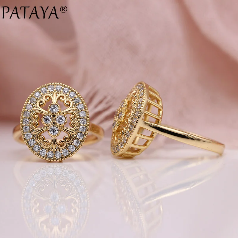 PATAYA New Micro Wax Inlay Hollow Rings Women Wedding Fine Fashion Jewelry 585 Rose Gold Color Natural Zircon Flower Oval Rings