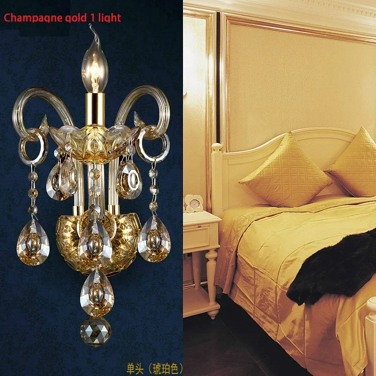 Luxury top K9 crystals champagne gold/cognic silver Crystal Wall Lamp Candle 1/2 lights lampshades beside bed room light