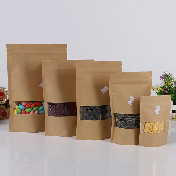 500 unids/lote 14x22 + 4cm bolsa de papel Kraft marrón con ventana de pie cremallera/cerradura con cremallera bolsa de embalaje de joyería bolsas de papel para regalos/té