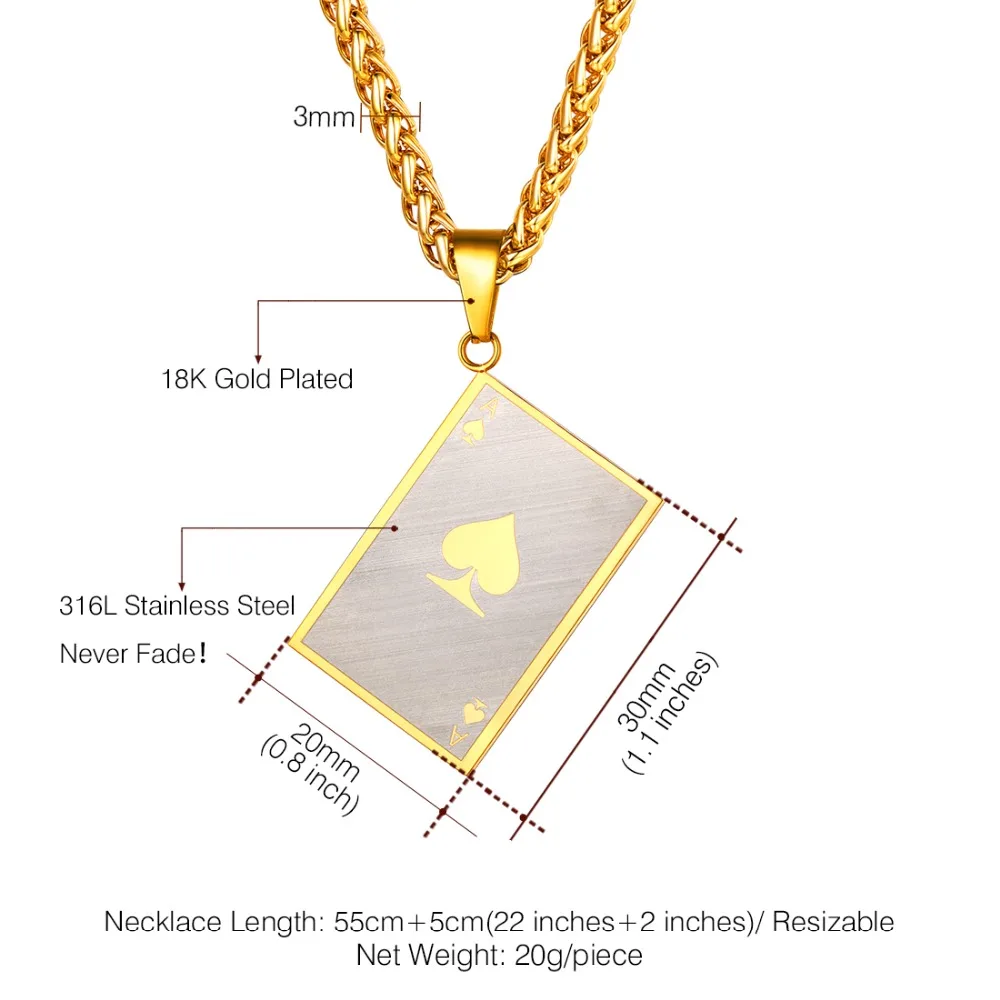 U7 목걸이 매트 포커 스페이드 에이스 스테인레스 스틸 펜던트, 체인 포함, 골드, 블랙 컬러, 크리스마스 선물, 쥬얼리 목걸이 P1137