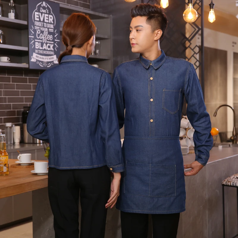 Fashion Waiter Autumn/Winter Work Clothing Baking Bakery Waitress Long Sleeve Denim Shirt+Apron Set Western Restaurant Uniform