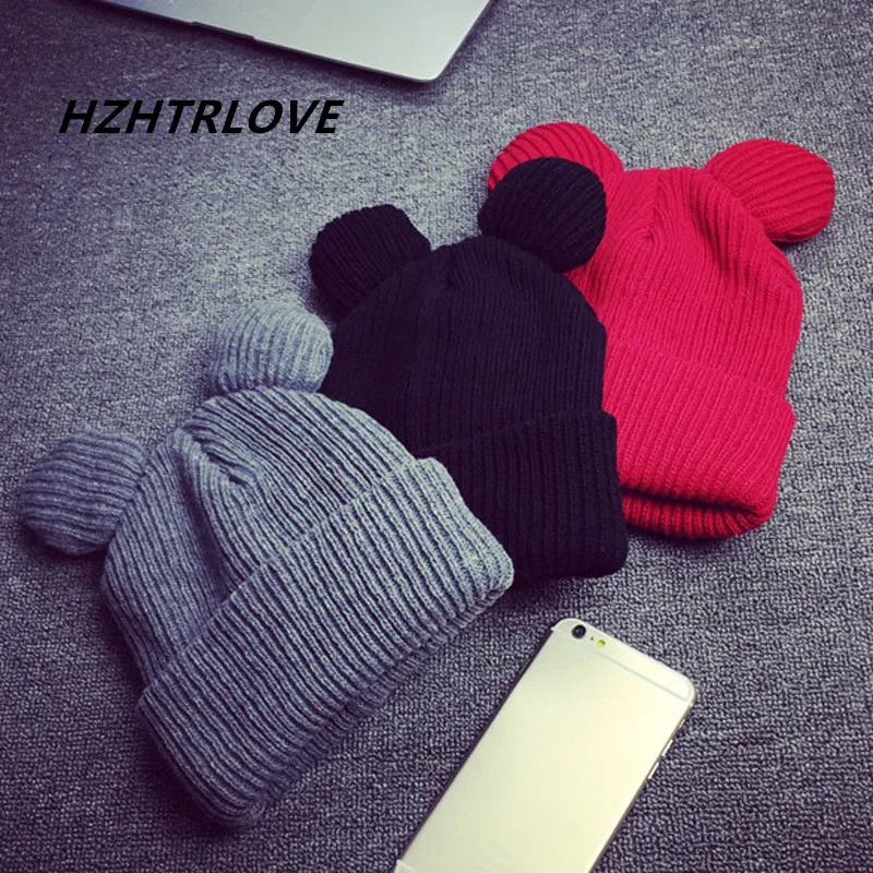 High Quality Cotton Women\'s Winter Hats Warm Knitted Hat With Ears Women\'s Hat Knit Caps Girl Beanies Hip-hop Skullies Femme