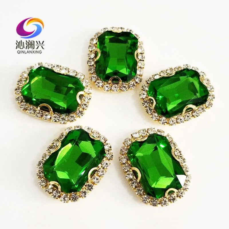 

Gold bottom Grass green Rectangle shape top quality glass crystal buckle,sew on rhinestones for diy jewelry accessories SWCBG17