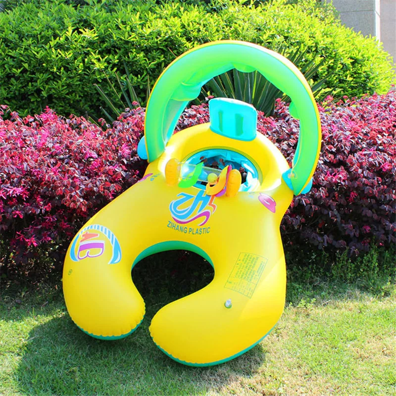 Safe and Fun Mother Baby Double Swim Ring Kids Children Inflatable Swim Circle With Sunshade Float Seat Swimming Rings