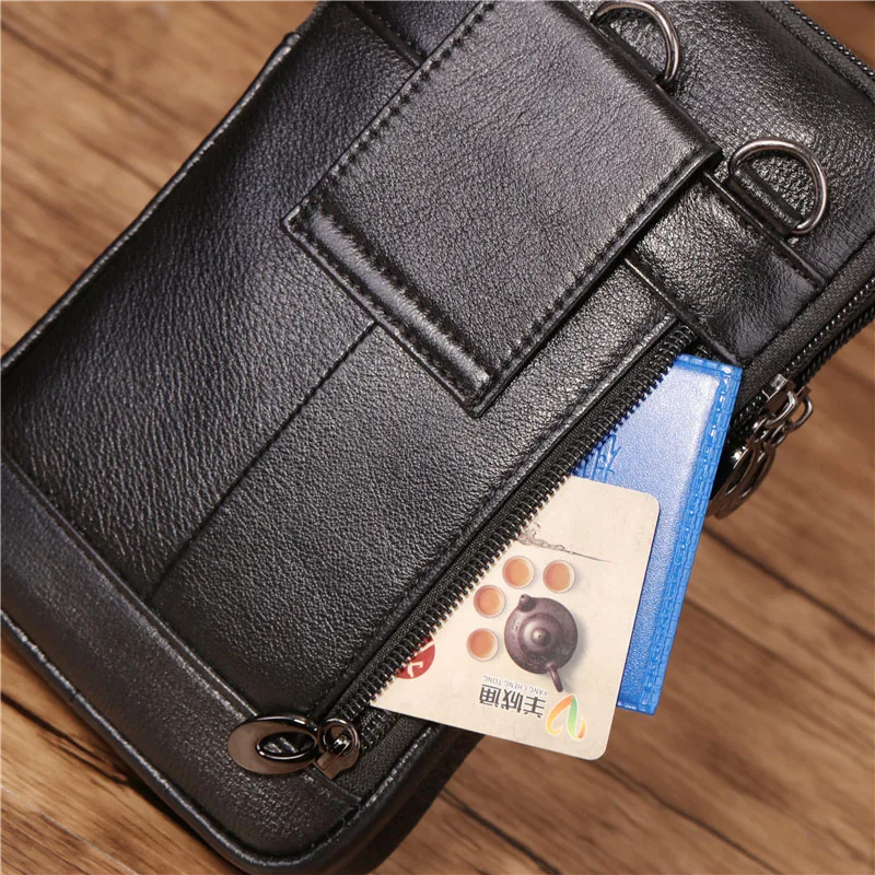 Bolso cruzado de cuero genuino para hombre, bolsa de hombro para la cintura, funda para teléfono móvil, bandolera con gancho