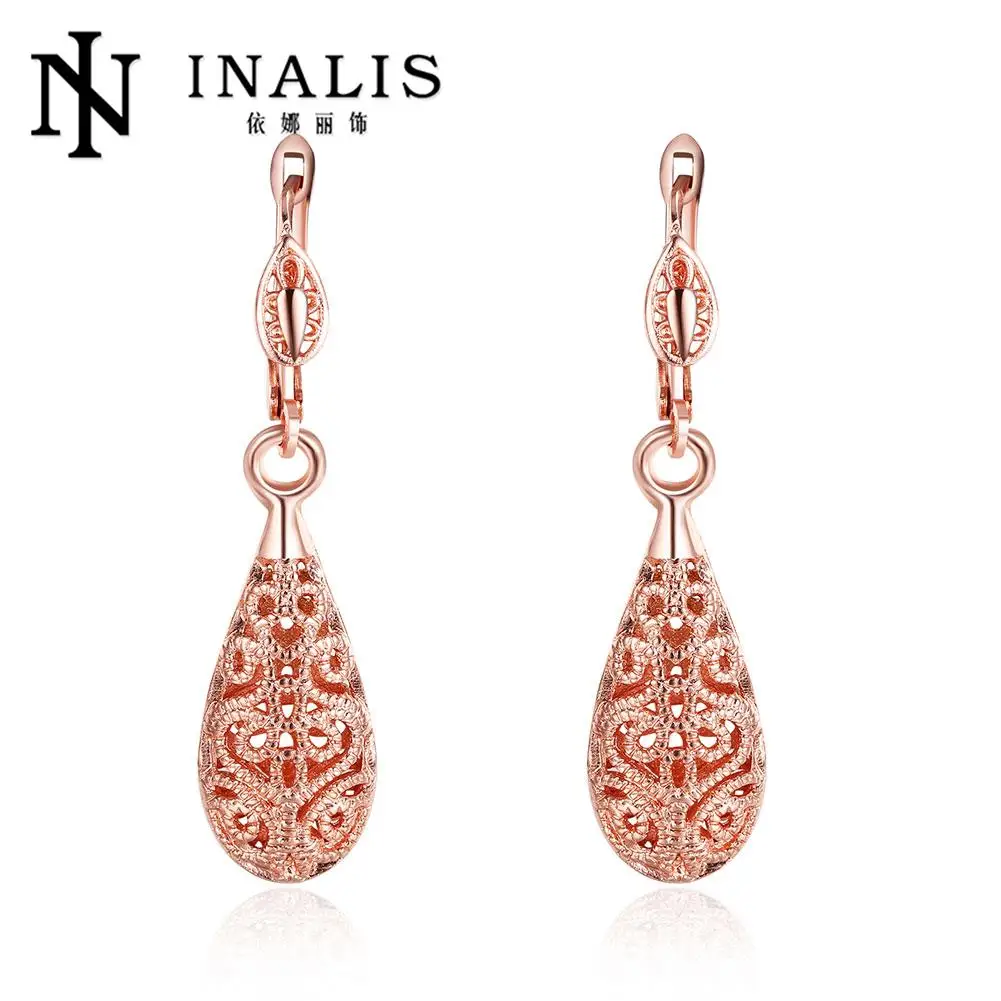 INALIS Luxury Champagne Gold Color Drop Earrings Wire Zircon Crystal Female Christmas Gift Jewelry E016