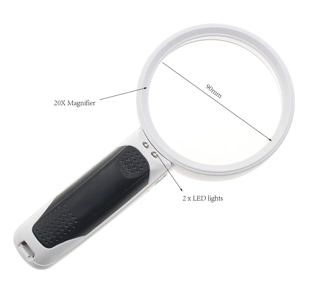 20X 2 LED Light 90mm Diameter Handheld Magnifier Reading Map Newspaper Magnifying Glass Jewelry Loupe