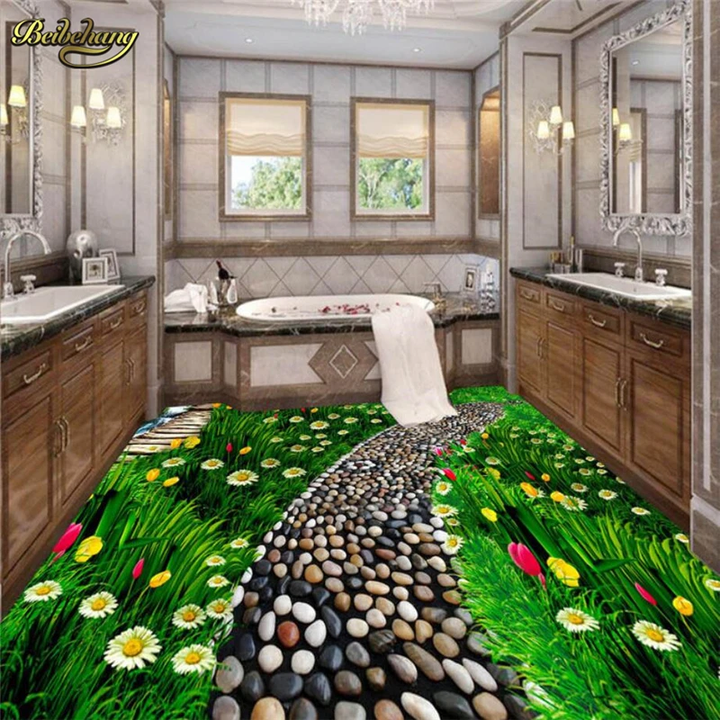 

beibehang Flowers grassland Custom floor tiles Wallpaper Waterproof For Bathroom 3D Landscape Wall Papers Wall Coverings tapety