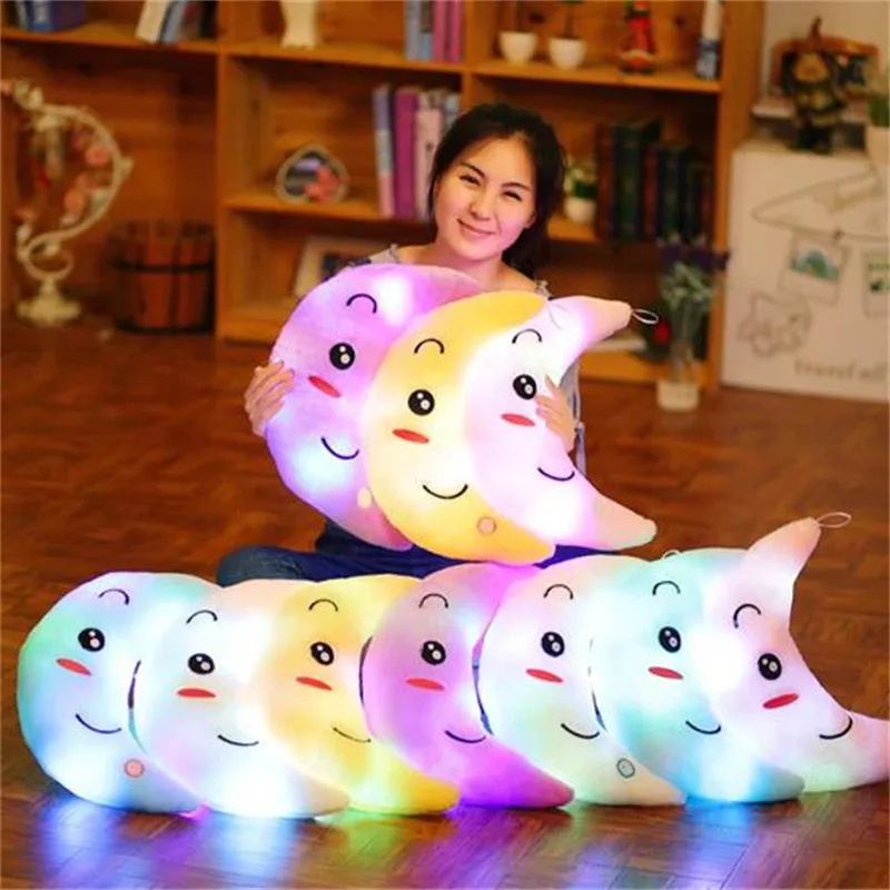 New 35cm Colorful Moon Shape Plush Toys Luminous Glowing LED Light Pillow Soft Stuffed Lovely Kids Toy Birthday Gift