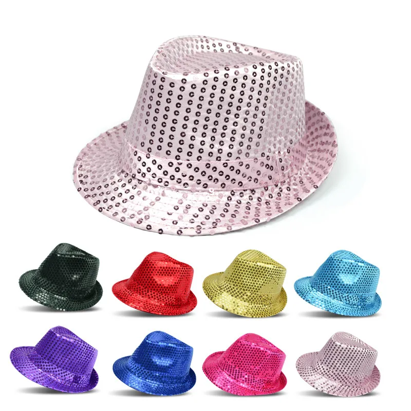 

20pcs/lot Free Shipping Designer Women and Men Fancy Dress Costumes Paillette Top Hats Fedora Show Party Wedding Sequin Jazz Hat