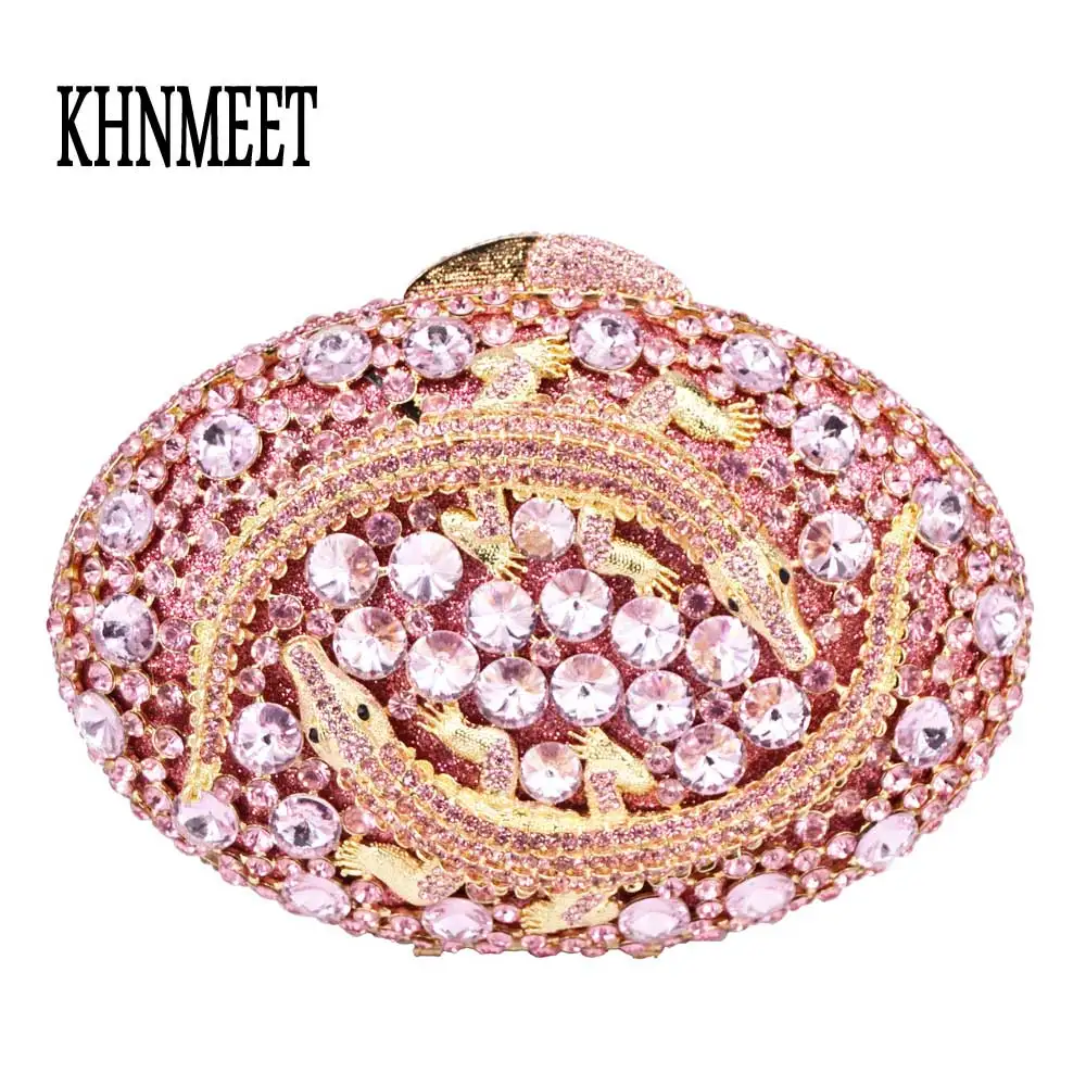 

KHNMEET Crocodile Shape Oval Clutch Evening Bag Pink Diamond Crystal Female Day Clutches Wedding Party Purse Pochette Bag SC550