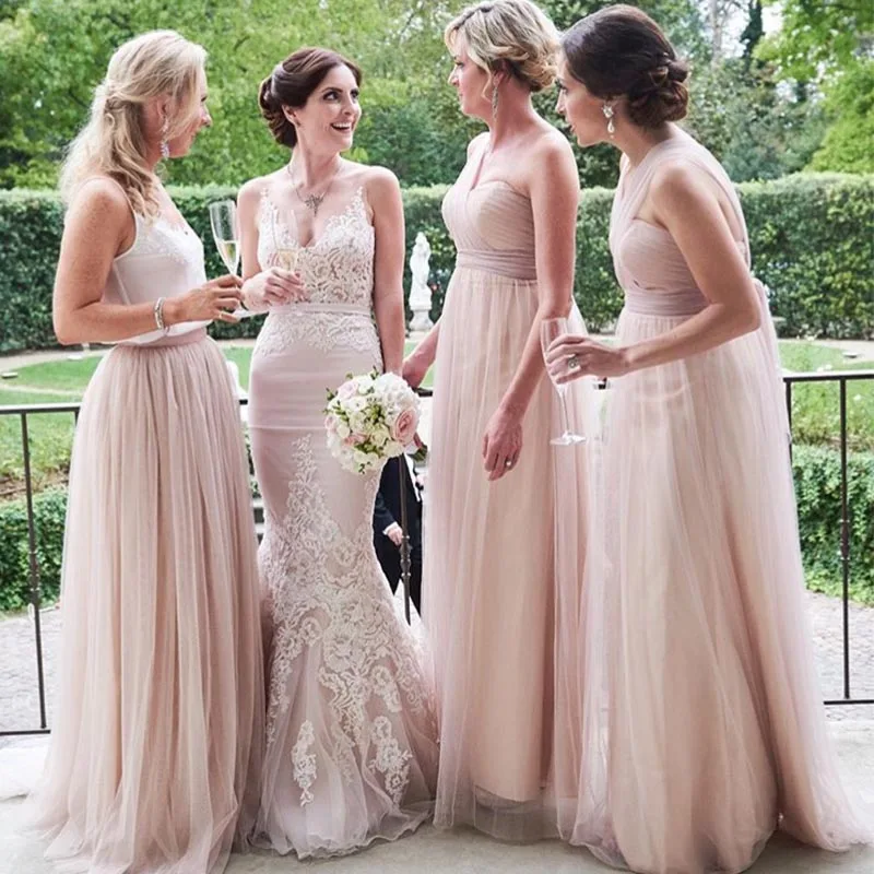 

Elegant One Shoulder Bridesmaid Dresses A-line Champagne Pleats Tulle Maid Of Honor Dress Long Summer Wedding Guest Dresses