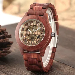 Luxury Red Wood Watch Mechanical Self Winding Wooden Watches Creative Unique Automatic Timepiece Men Watch reloj masculino