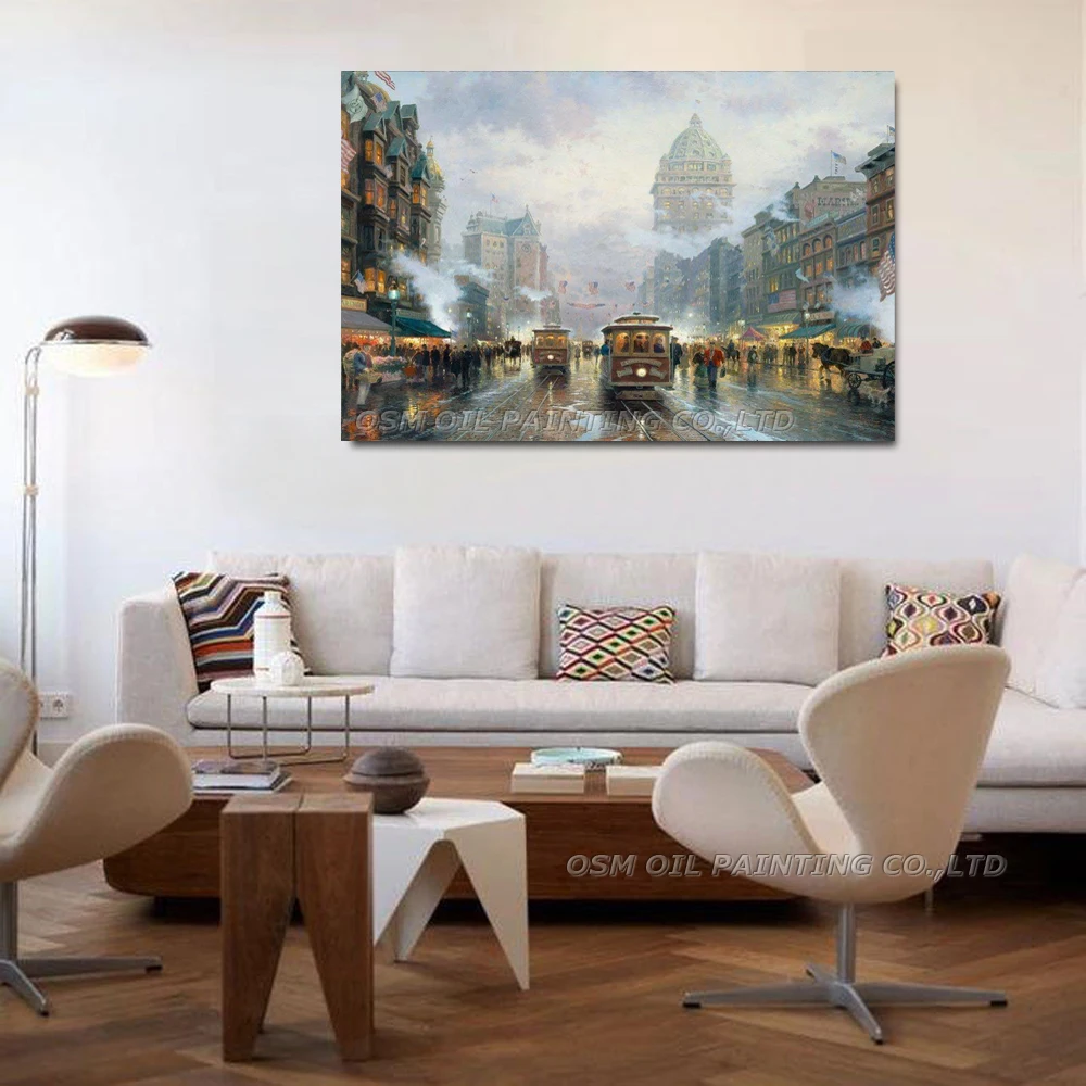 Hand Painted Oil Painting on Canvas San francisco Market Street Cityscapes Painting Wall Art Picture Street Landscape Decor