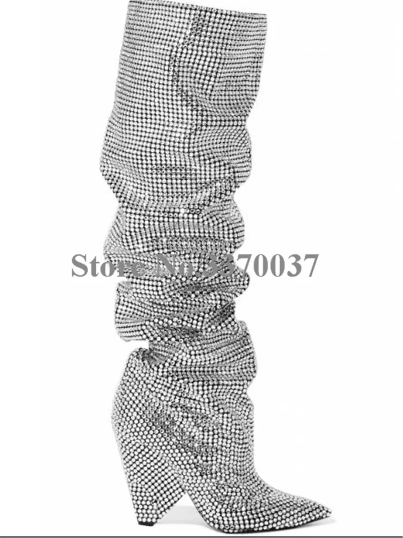 New Fashion Women Pointed Toe Silver Bling Bling Slip-on Over Knee Crystal Spike Heel Boots Pleated Rhinestone Long Boots image 5