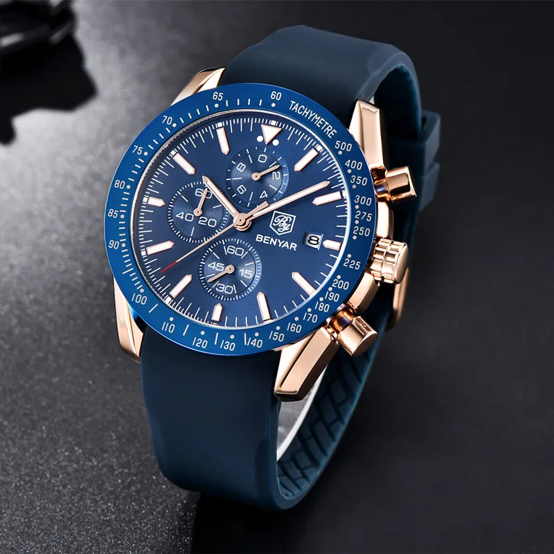 2023 Watch Men Luxury Brand BENYAR Mens Blue Watches Silicone Band Wrist Watches Men\'s Chronograph Watch Male Relogio Masculino