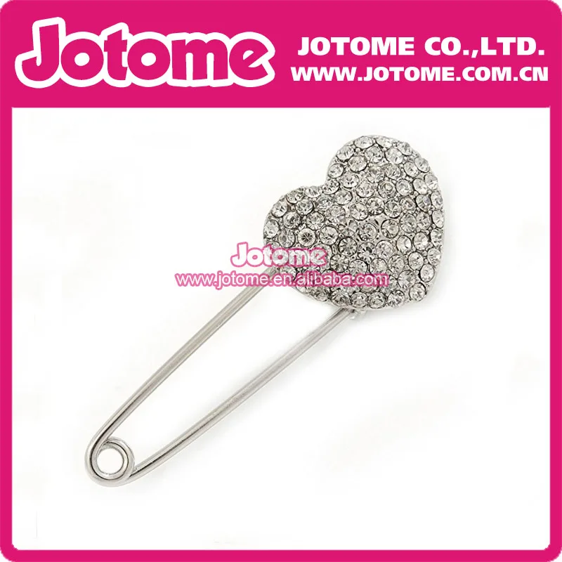 Clear  Crystal Heart Safety Pin Brooch  Plating - 55mm L