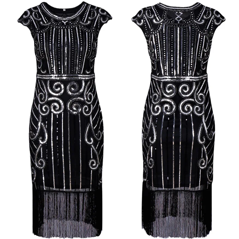 2019 Sexy Tassel neck sleeveless sequin black color dress Dresses For Women 1920s Style Gatsby