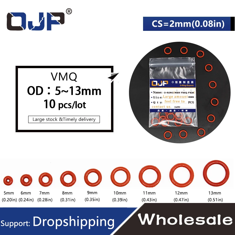 Anel-O vermelho da borracha de silicone, anel-O, gaxetas, anel de óleo, selo, VMQ, OD5, 6, 7, 8, 9, 10, 11, 12, 13x2mm Espessura, 10pcs por lote