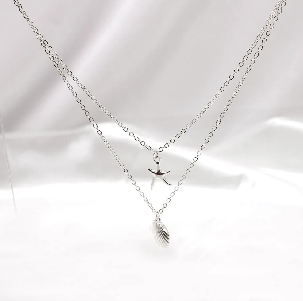 Two layers Necklace alloy diecast Shell Starfish Pendant  plated with metal chain for Women Girls Gift