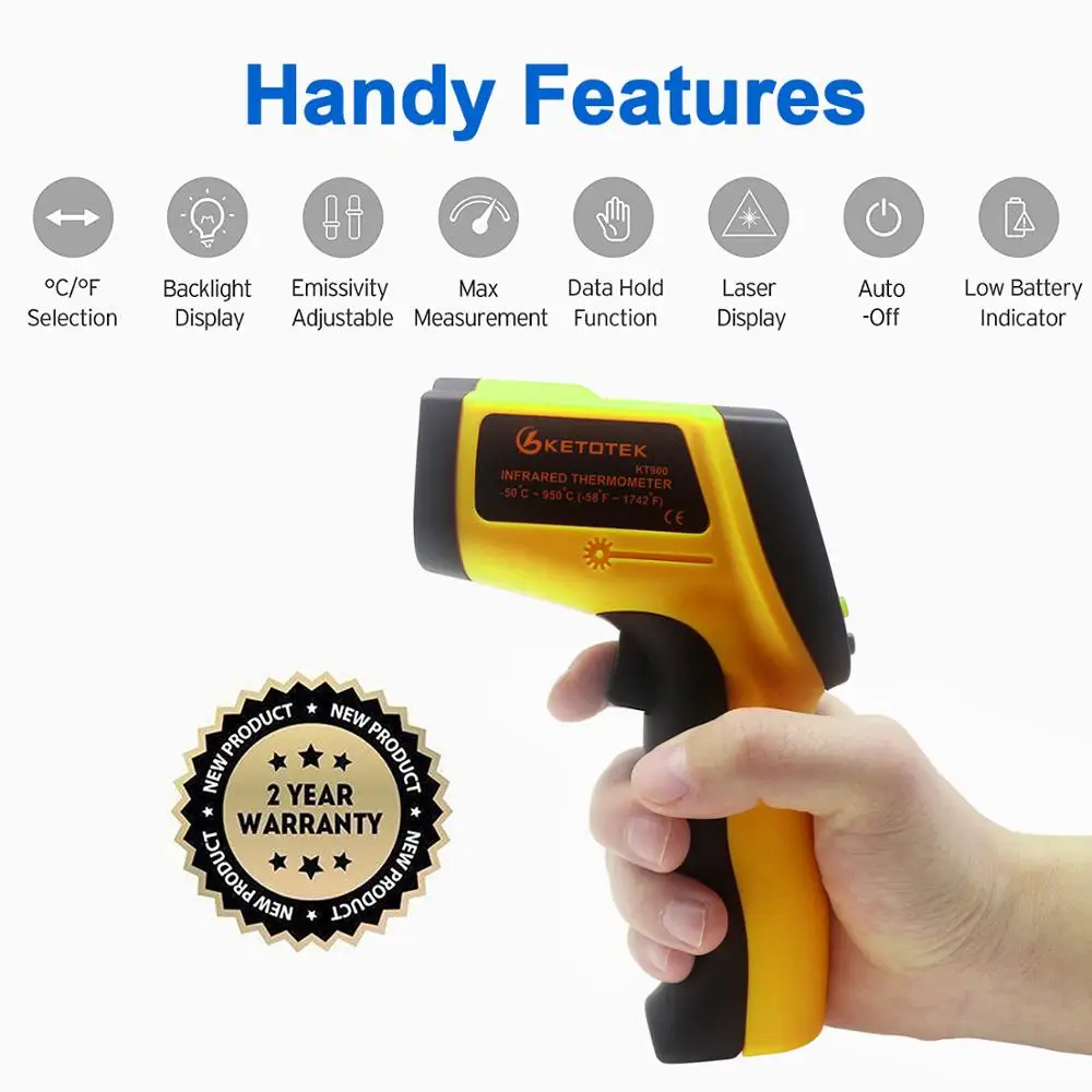 IR Infrared Thermometer Gun Laser Pyrometer 0.1~1 Emissivity Non-Contact Digital Surface Temperature Thermometer 900 degree