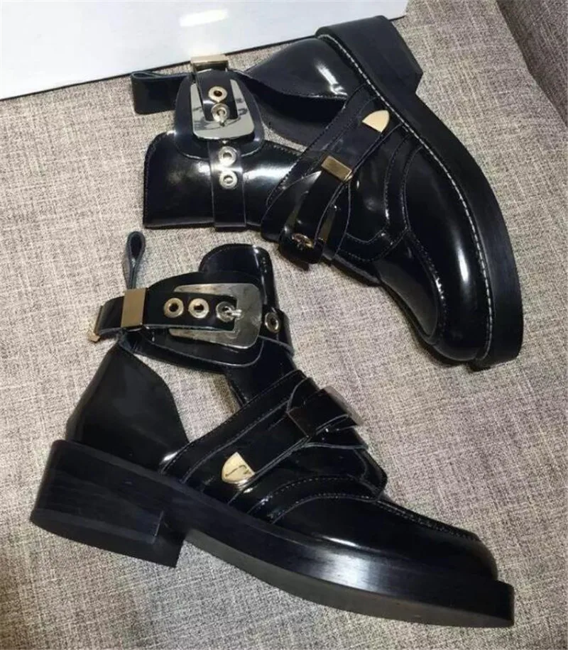 Woman Cool Rivets&buckle Slip-On Motorcycle Boots Ladies Round Toe Cut-Outs Sandals Boots Girls Square Heels Ankle Boots