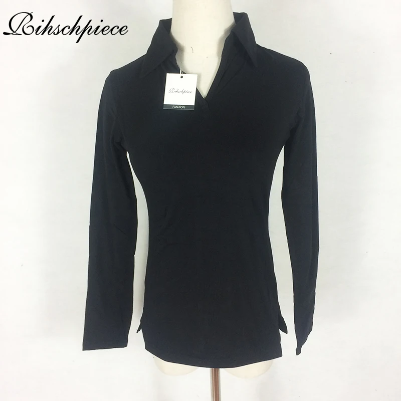 Rihschpiece Sexy Polo Shirt Women Black Long Sleeve shirt  Plus Size Tops Punk  Cotton Shirt Slim Clothes Polo RZF850