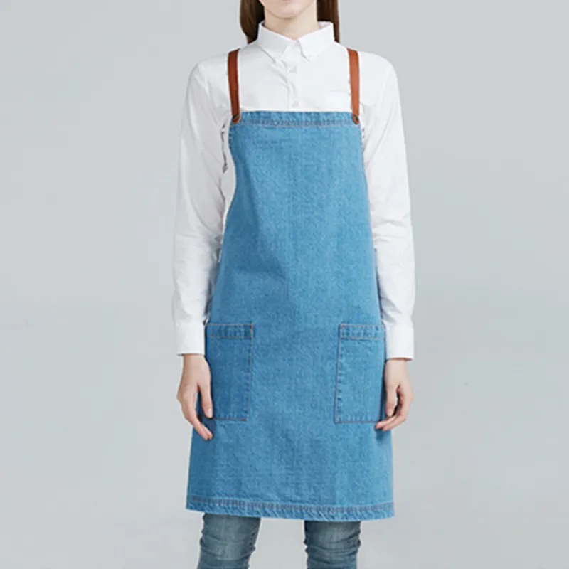 

White Blue Denim Apron Cotton Straps Barista Baker Bartender Chef Catering Uniform Florist Painter Artist Gardener Work Wear K12