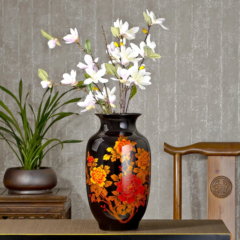 Classic Royal Large Black Ceramic Decoration Flower Vase For Home Office Decor