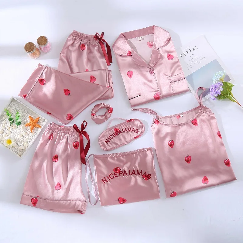 Women 7 pieces Pink pajamas sets satin silk lingerie homewear sleepwear pyjamas set pijamas female stripe printed Nightwear suit