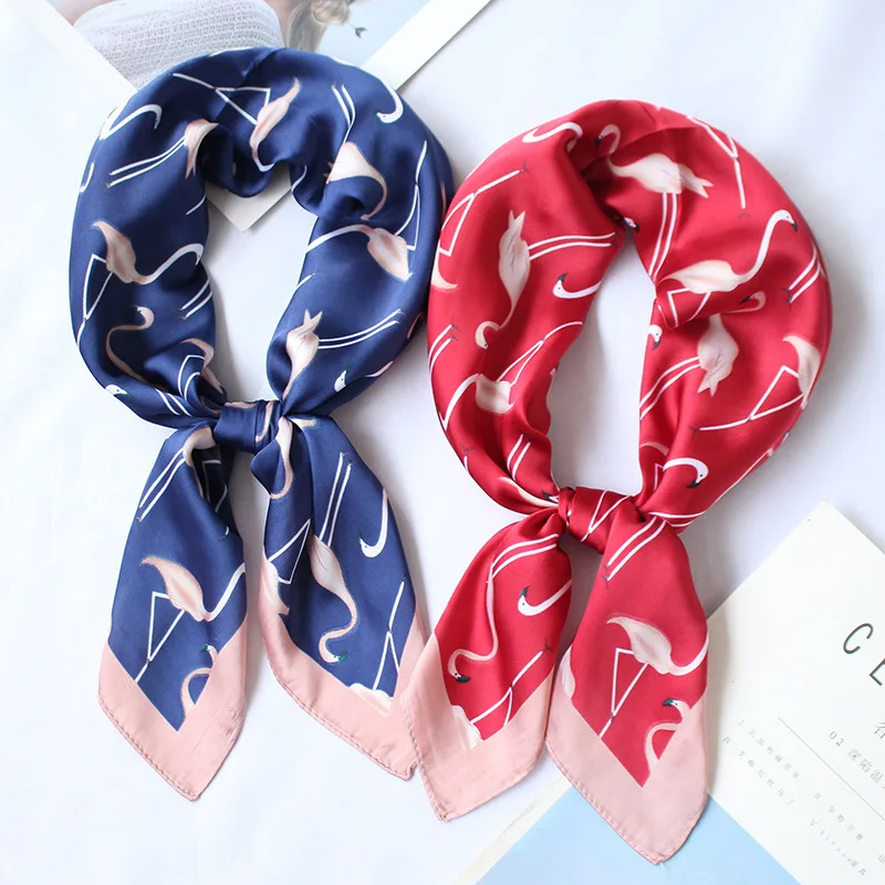 YOUHAN 2022 Fashion Women Silk Scarf 70*70cm Flamingo Print Small Square Scarf Spring Summer Lady Scraf 6 Colors Head Scarf