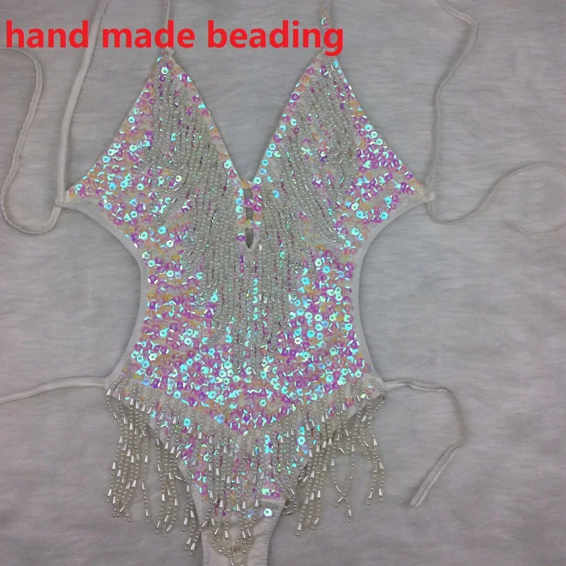 New Sexy Women Beaded Sequin Bodysuit Swimsuit latin Belly Dance Costume One-Piece Outfit Costume Stage Performance Leotard