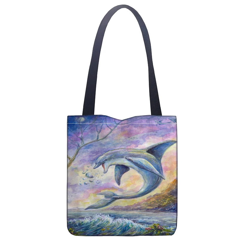 

Painting Dolphin Tote Bag Foldable Shopping Bag Reusable Eco Large Unisex Canvas Fabric Shoulder Bag Tote Grocery Cloth Pouch