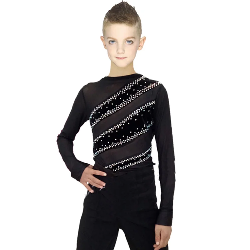 Boys Latin Dance Shirts Children Black Fringe Shirt Boy Male Flamenco Ballroom Tops Kids Professional Performance Wear DN7003