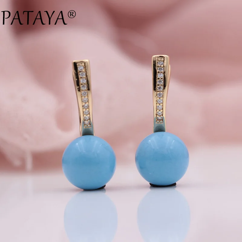 PATAYA New Turkish Blue Shell Pearls White Natural Zircon Drop Earrings 585 Rose Gold Color Women Wedding Party Luxury Jewelry