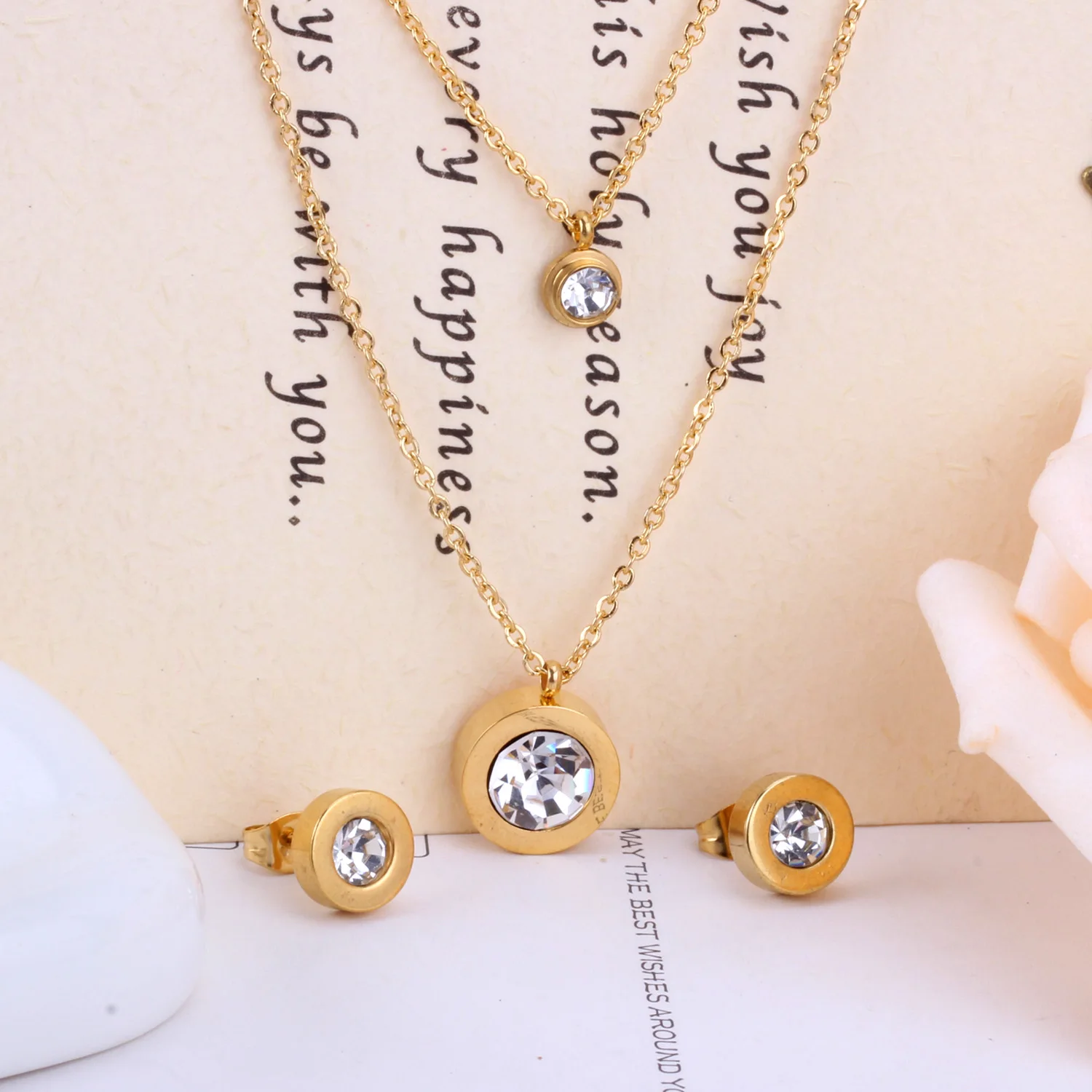 LUXUKISSKIDS Jewelry Set Stainless Steel Crystal Double Round Pendant Necklace Earring Wedding Dubai Jewelry Set For Women Girls