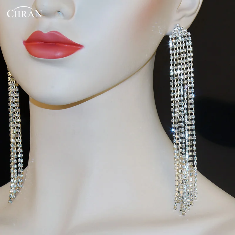 CHRAN Classic Silver Color Fashion Statement Crystal Long Chandelier Drop Earring Rhinestone Dangle Tassel Earrings For Women