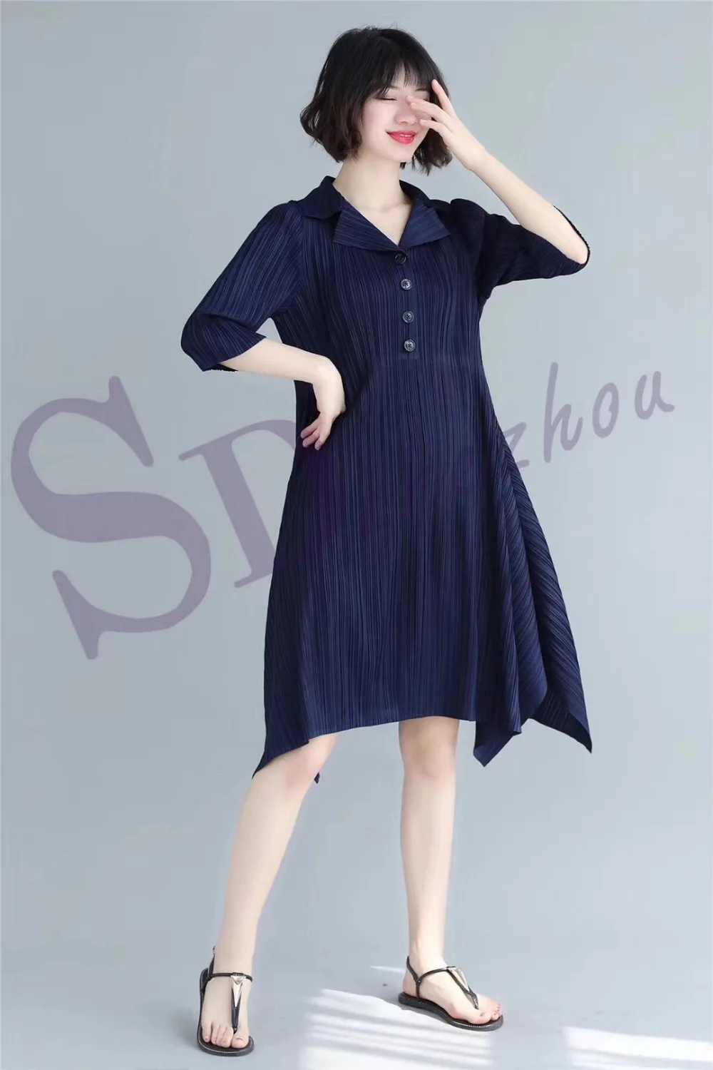 HOT SELLING  Cultivate one's morality show new fold turn-dowm collar the button three auqrter A-Line dresses IN STOCK