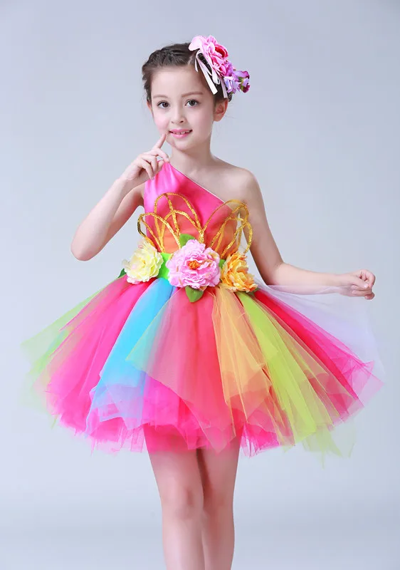 Colorful flowers standart salsa dance dress for girls Sexy modern dance costume for girls dance wear childrens kids competition