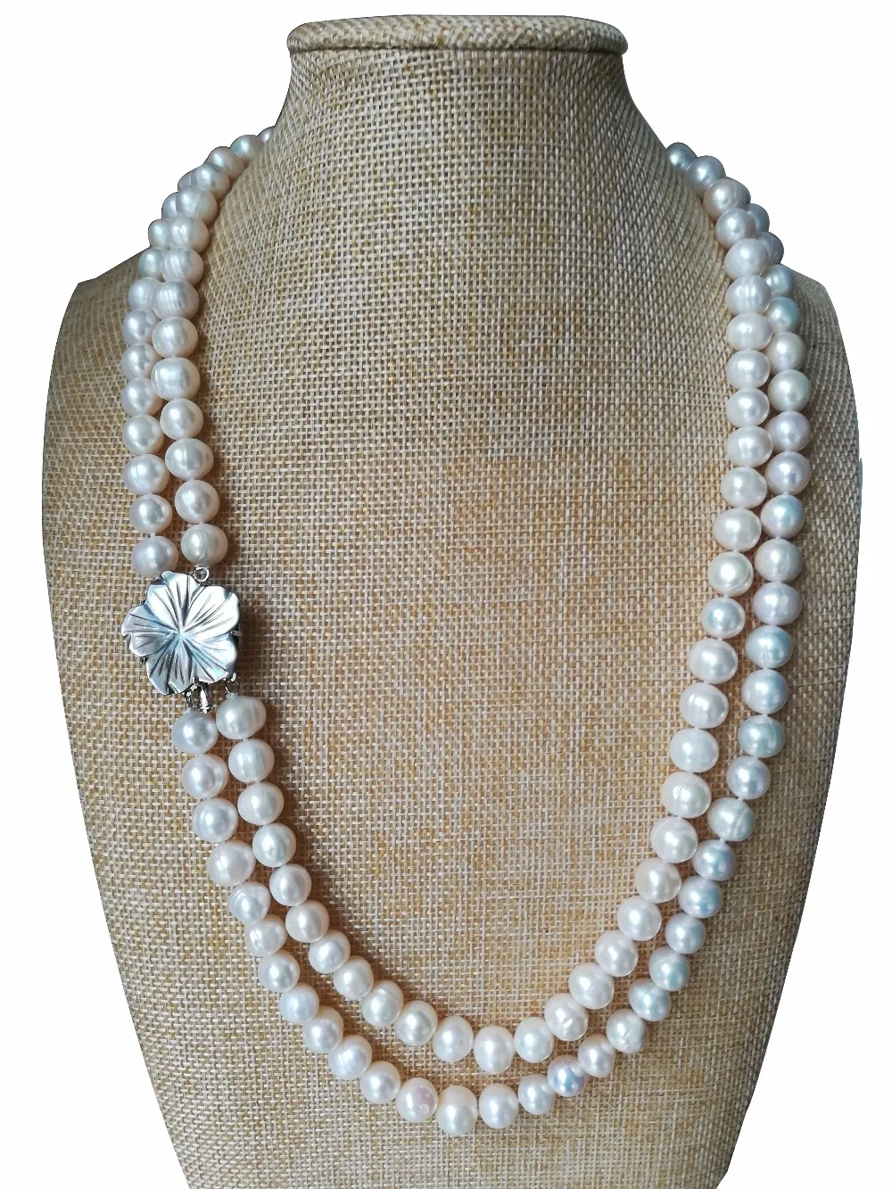 

23-24 inches Double Rows 9-10mm Natural White High Luster Oval Pearl Necklace with Shell Flower Clasp