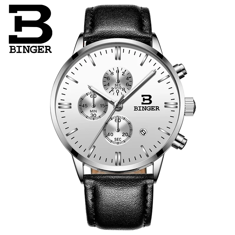 Genuine BINGER Quartz Male Watches Genuine Leather Watches Racing Men Students Game Run Chronograph Watch Male Glow Hands 2017