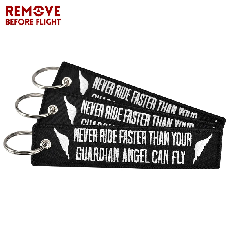 Black Embroidery Key Chain for Motorcycles Key Fobs Key Ring OEM Keychain Never Drive Faster Than Your Guardian Angel Can Fly