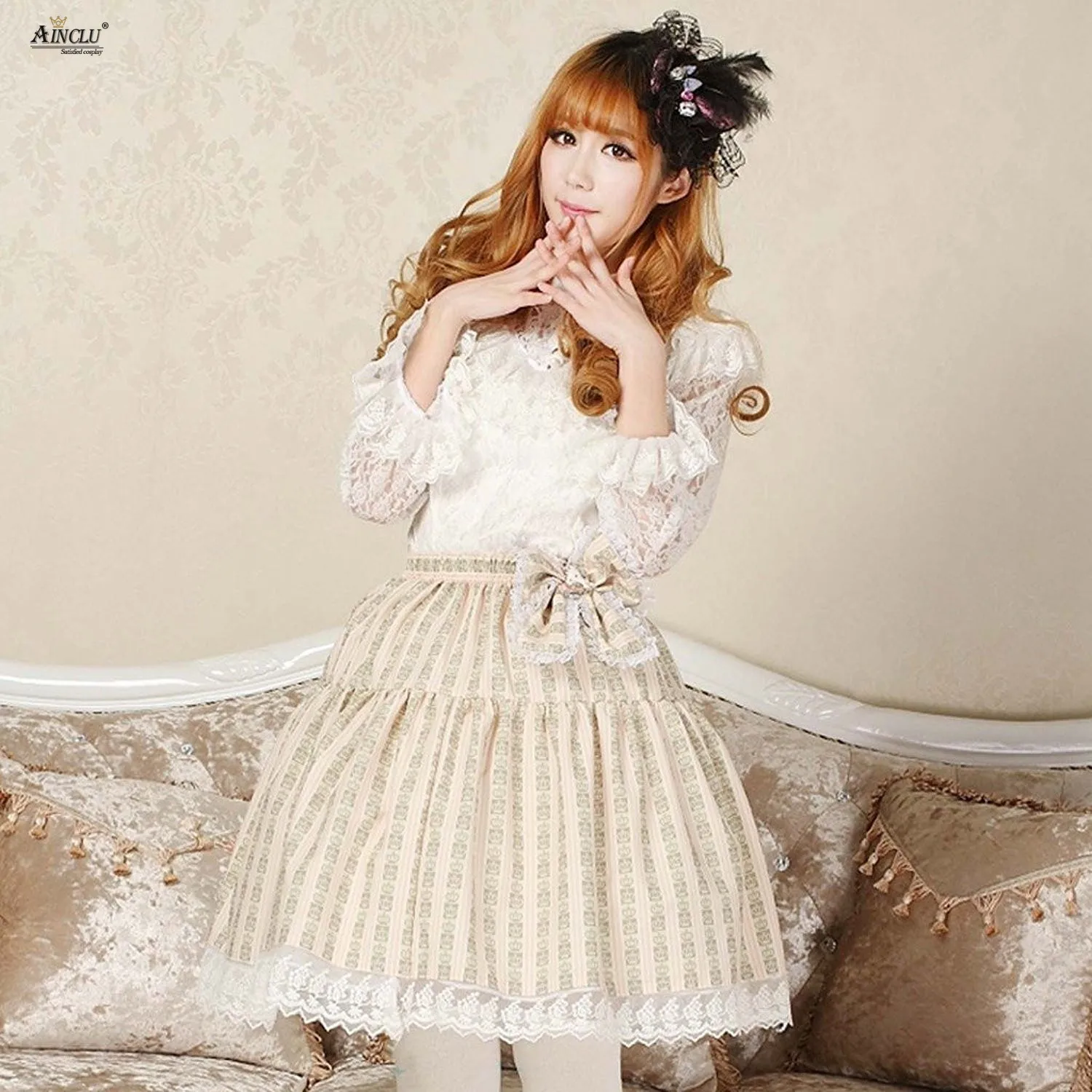 Ainclu Sweet Japanese Style Original Princess Dress Lace Skirts Womens Champagne Polyester Crown Striped Printed Lolita Skirts