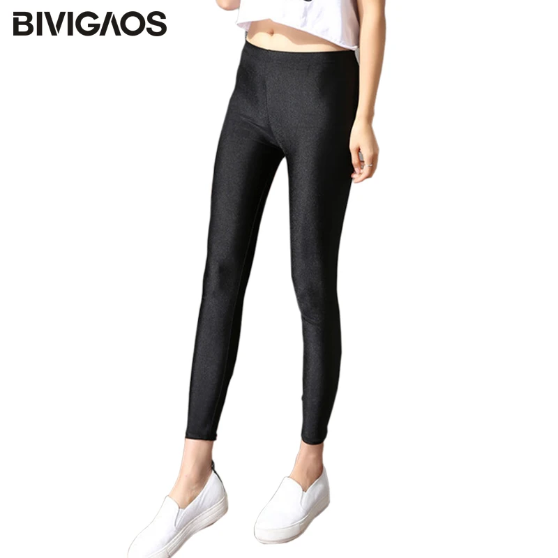 BIVIGAOS Womens Skinny Thin Leggings Sexy Pants Female Summer Stretch Shiny Gloss Black Leggings Women Leggins Workout Leggings