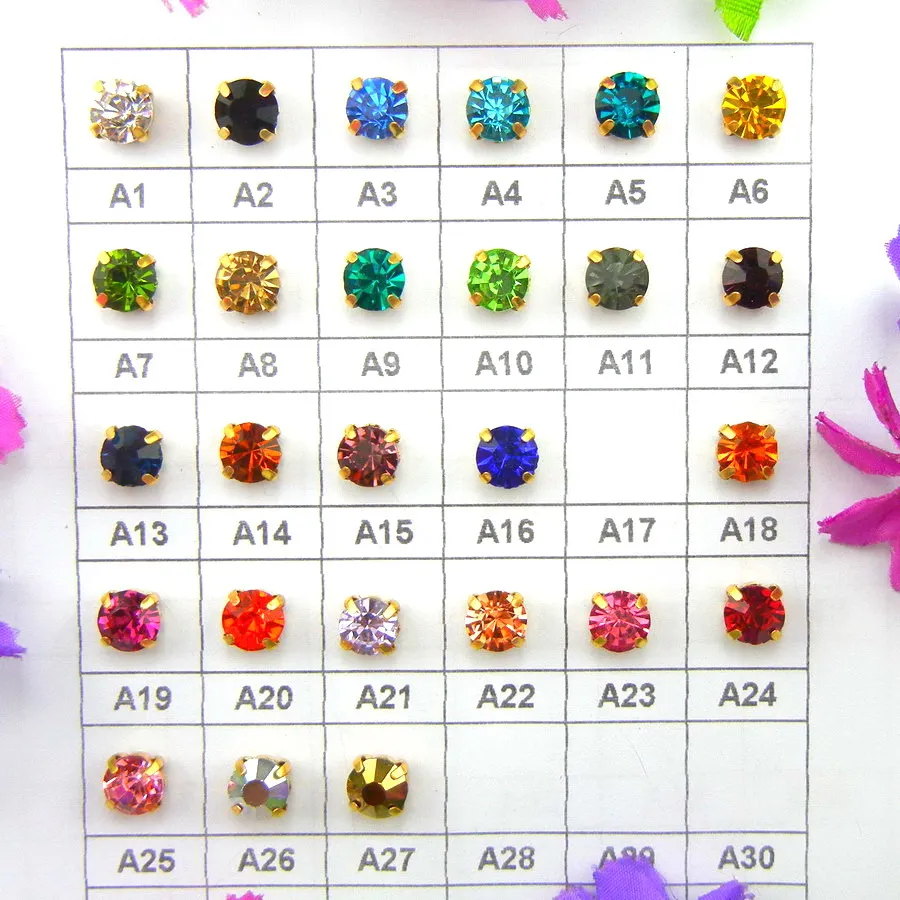 Bunte Glaskristall-Strasssteine mit Goldfassung 3mm 4mm 5mm 6mm 7mm 8mm in Fantasiefarben, runde Form, zum Aufnähen für Kleidungsstücke DIY – Detail 3
