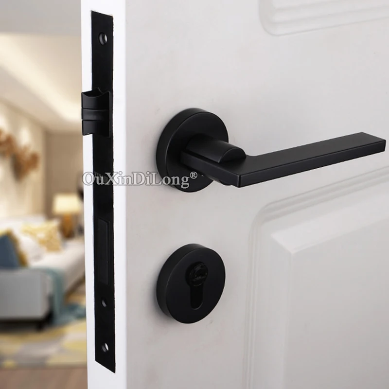 Top Quality European Black Mortise Door Lock Set Copper Interior Entry Silent Door Lever Lock for Living Room Bedroom Bathroom