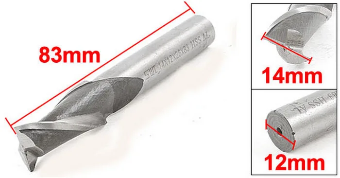 HSS-AI Milling Cutter Straight End Mill 14mm x 12mm x 26mm x 83mm 2 Flutes 2pcs