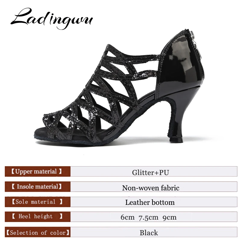 Ladingwu Women's Dance Dance Rhombus Hollow Design Boots Latin Dance Shoes Salsa Woman Party Ballroom Dance Shoes Balck Glitter